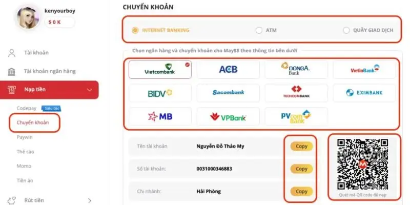 Nạp tiền MOTO88 qua ngân hàng được người chơi yêu thích